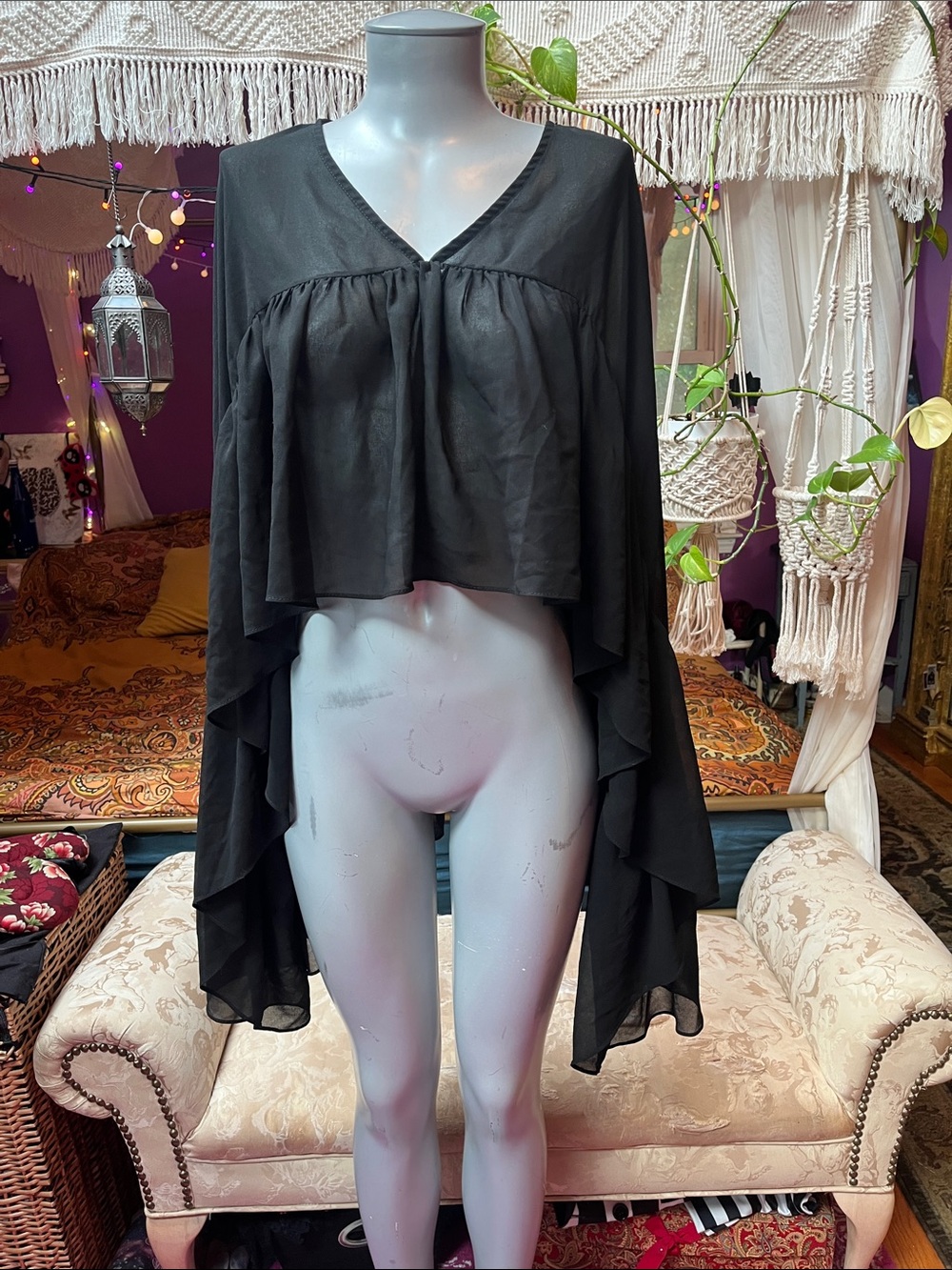 Boho Witchy chiffon black sheer batwing hi-low blouse crop top